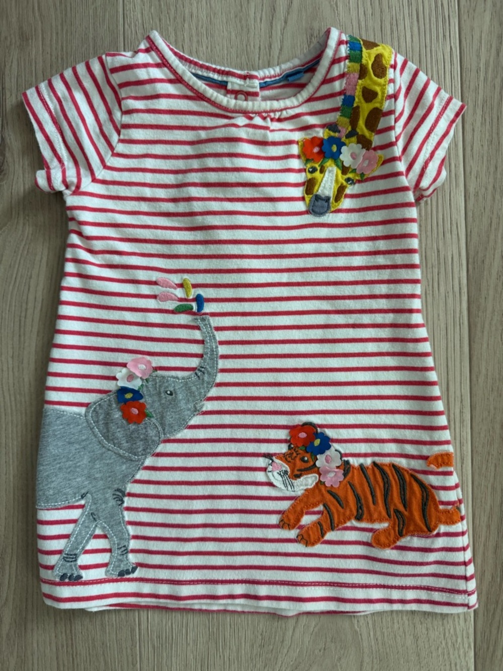 Baby Boden Striped Girls Dress with animal Appliqués- giraffe, tiger, elephant